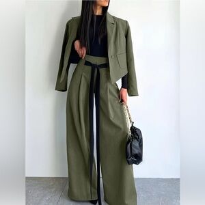 Olive Green Wide-Leg Trousers & Short Jacket Suit Set